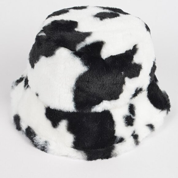 BNWT Brand New Cow Print Faux Fur Plushy Bucket Hat - Picture 4 of 5